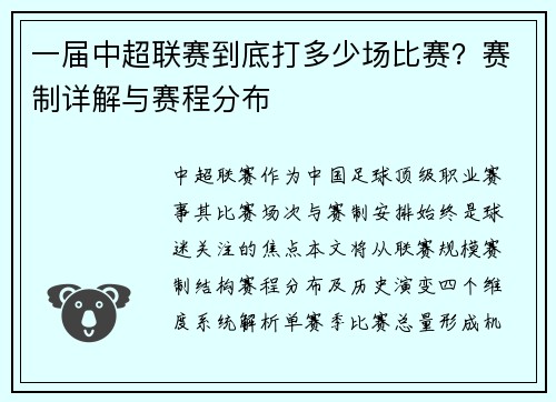 一届中超联赛到底打多少场比赛？赛制详解与赛程分布