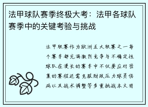 法甲球队赛季终极大考：法甲各球队赛季中的关键考验与挑战