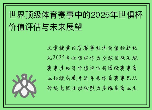 世界顶级体育赛事中的2025年世俱杯价值评估与未来展望