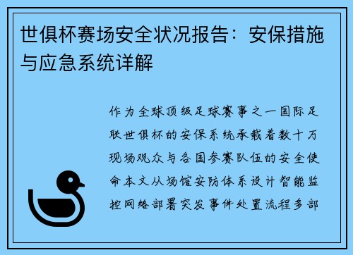 世俱杯赛场安全状况报告：安保措施与应急系统详解