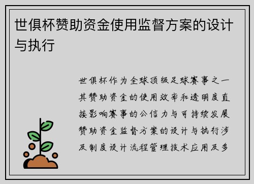 世俱杯赞助资金使用监督方案的设计与执行
