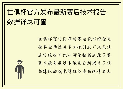 世俱杯官方发布最新赛后技术报告，数据详尽可查